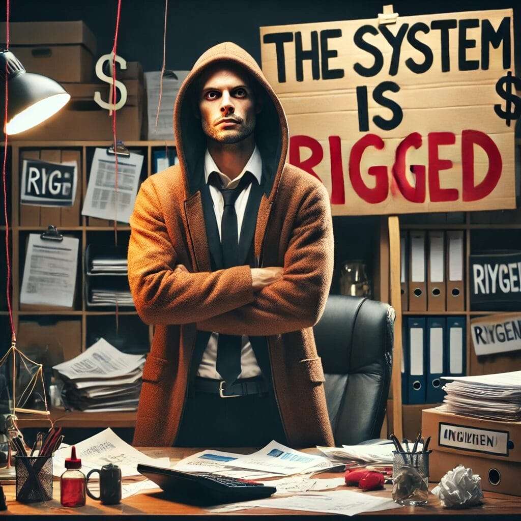 A rebellious businessman in a hoodie, standing defiantly with arms crossed. Behind him, a protest sign reads 'The System is Rigged.' His office desk i