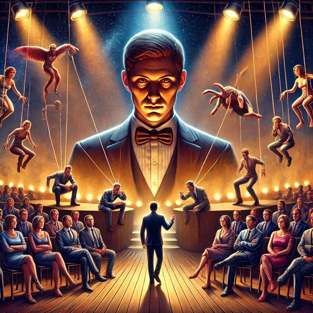 A-surreal-and-symbolic-artwork-representing-The-Psychological-Games-We-Play.-The-image-features-a-grand-stage-with-spotlights-where-multiple-contest play various business games