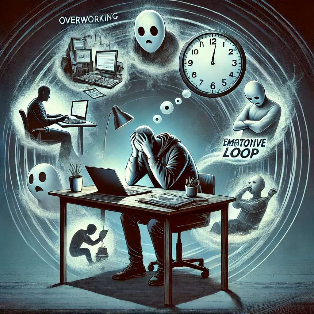 A-symbolic-digital-illustration-representing-self-sabotaging-patterns-in-business-owners.-The-image-features-an-entrepreneur-sitting-at-a-cluttered-de
