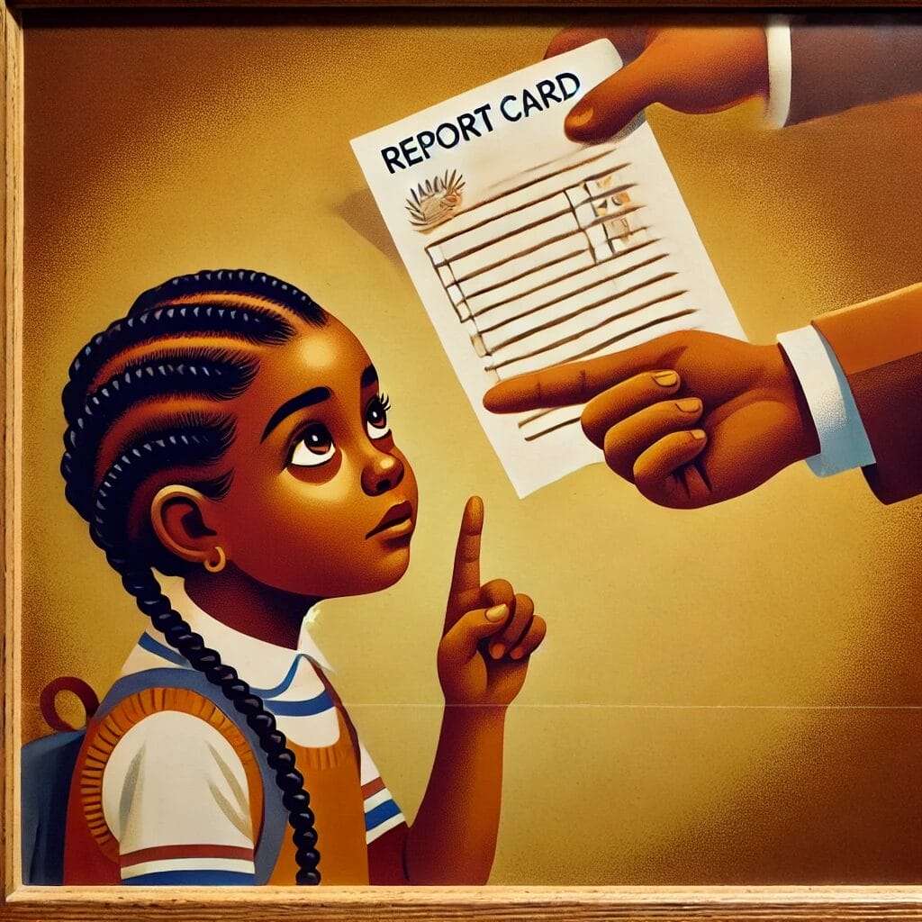 A symbolic illustration of a young girl with long braids, dark brown skin, and brown eyes looking up at a parent, teacher, or authority figure who is