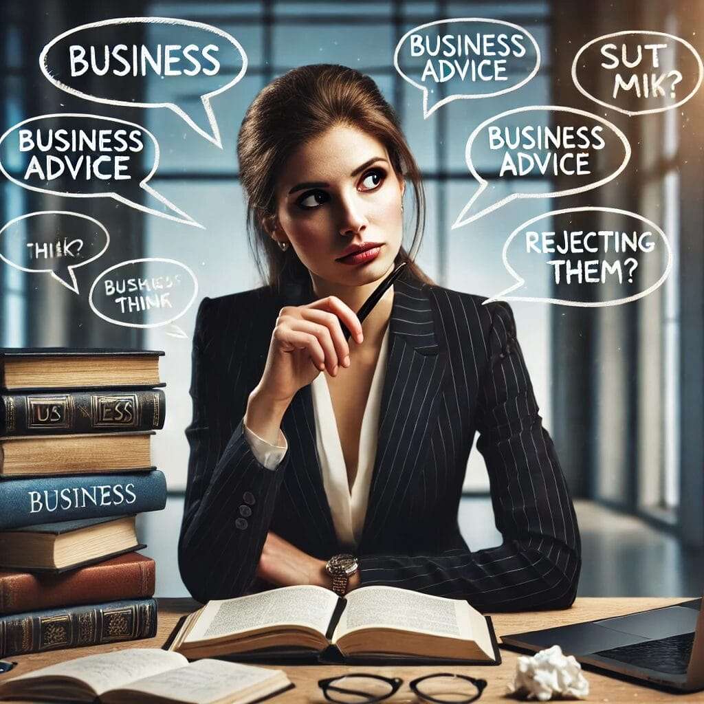 A thoughtful-looking businesswoman sitting at a table, surrounded by stacks of business books, notes, and a laptop. She has a skeptical expression, ho