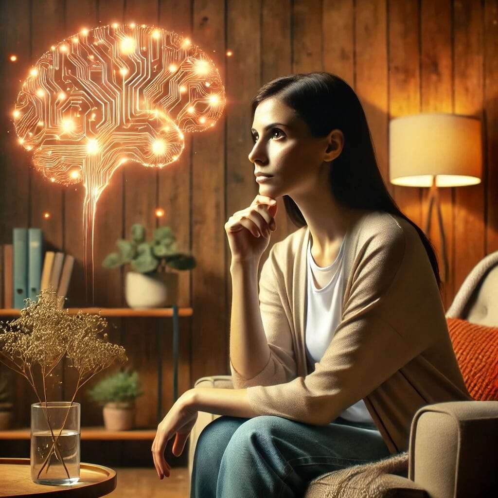 A-thoughtful-woman-sitting-in-a-cozy-yet-professional-office-deep-in-contemplation.-Around-her-a-subtle-glowing-neural-network-represents-the-science