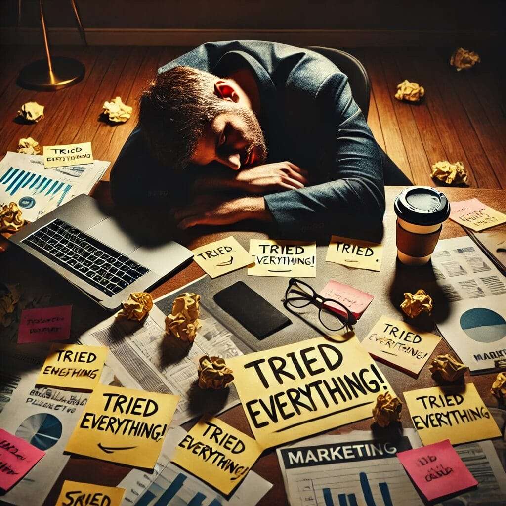 A tired entrepreneur slumped over a laptop at a messy desk, surrounded by sticky notes with the words 'Tried Everything!' scattered around. His face l