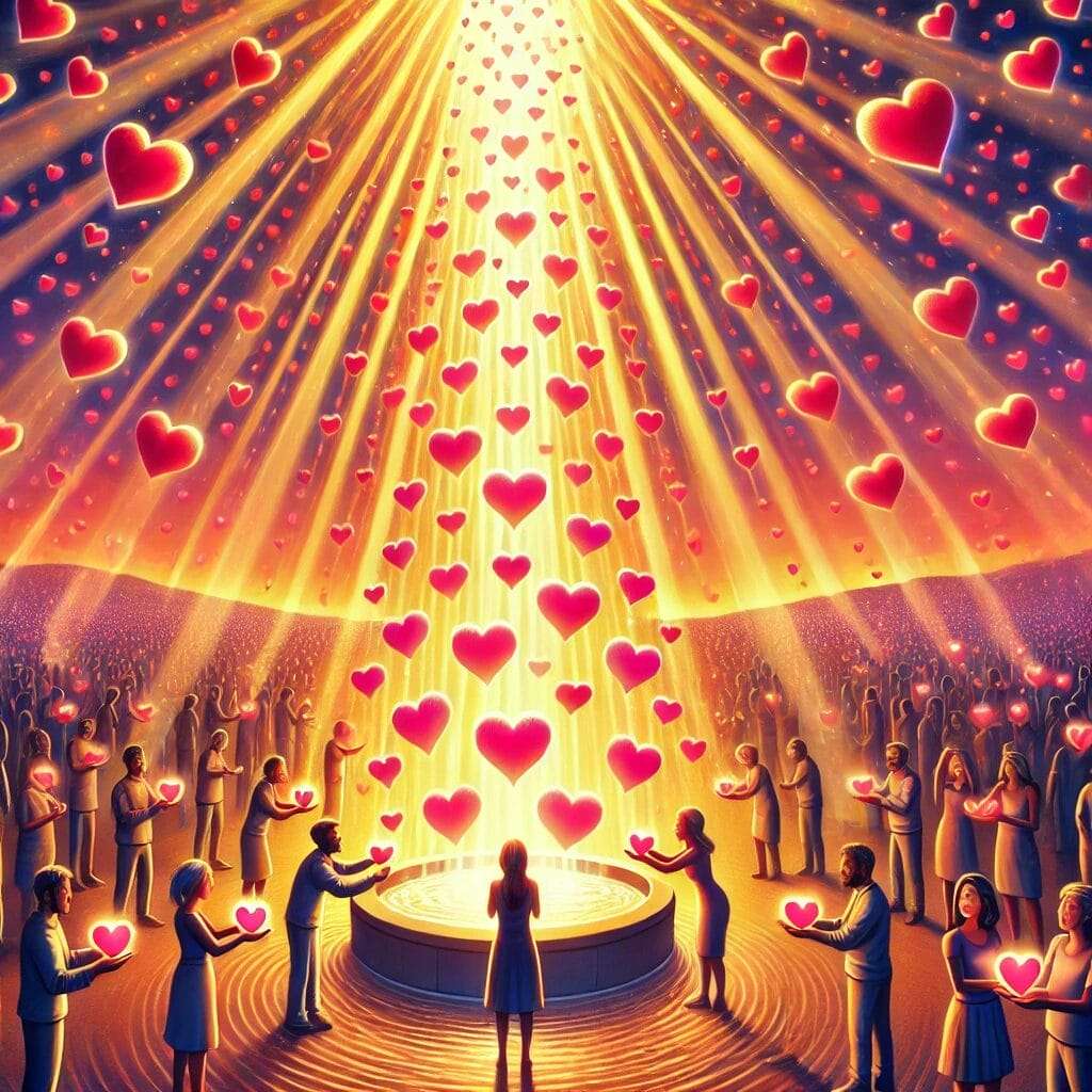 A vibrant and uplifting digital illustration symbolizing 'Love Isn’t a Limited Resource.' The scene features a radiant, endless fountain of glowing hearts