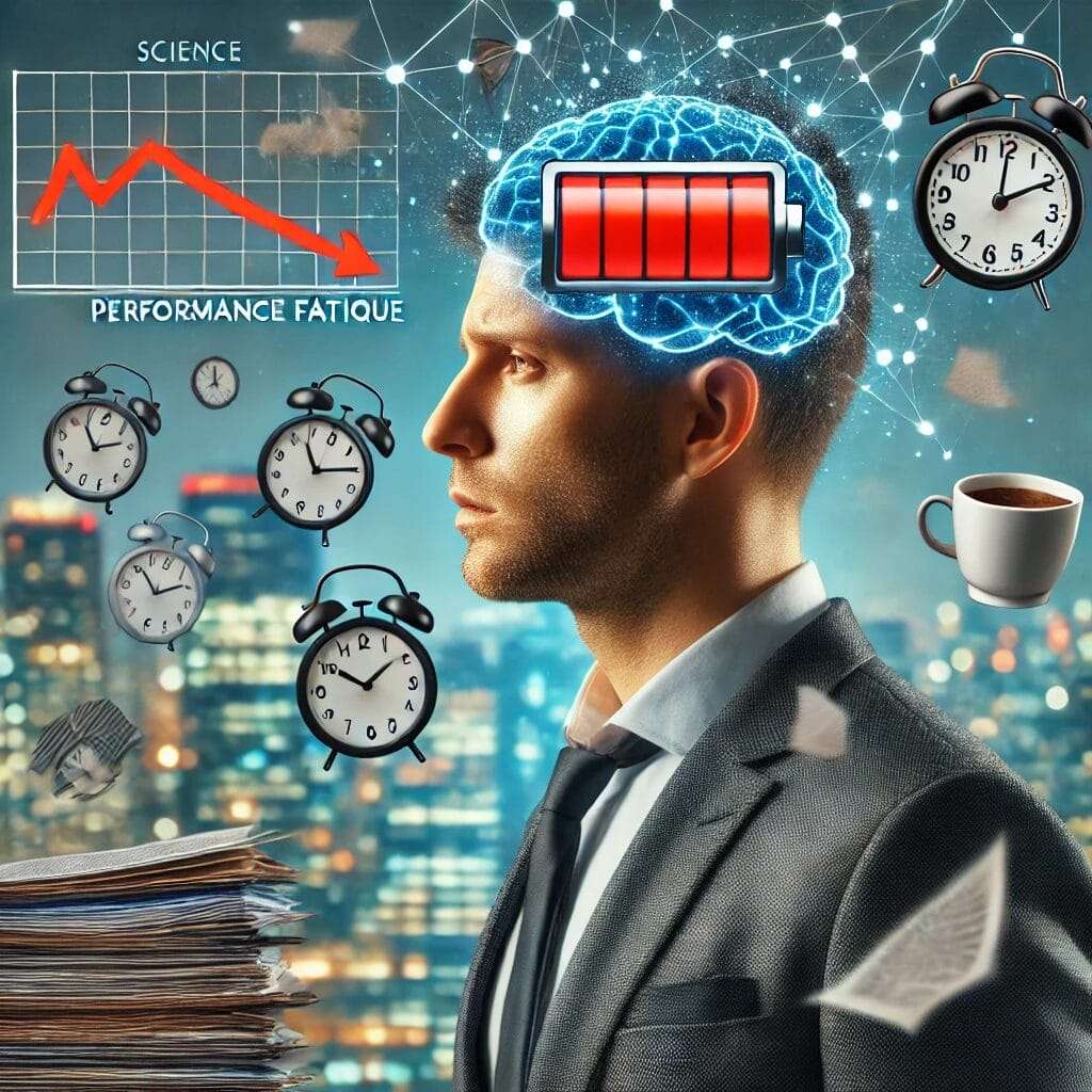 A-visually-engaging-concept-art-representing-The-Science-Behind-Performance-Fatigue.-The-image-features-a-business-professional-with-a-drained-exha