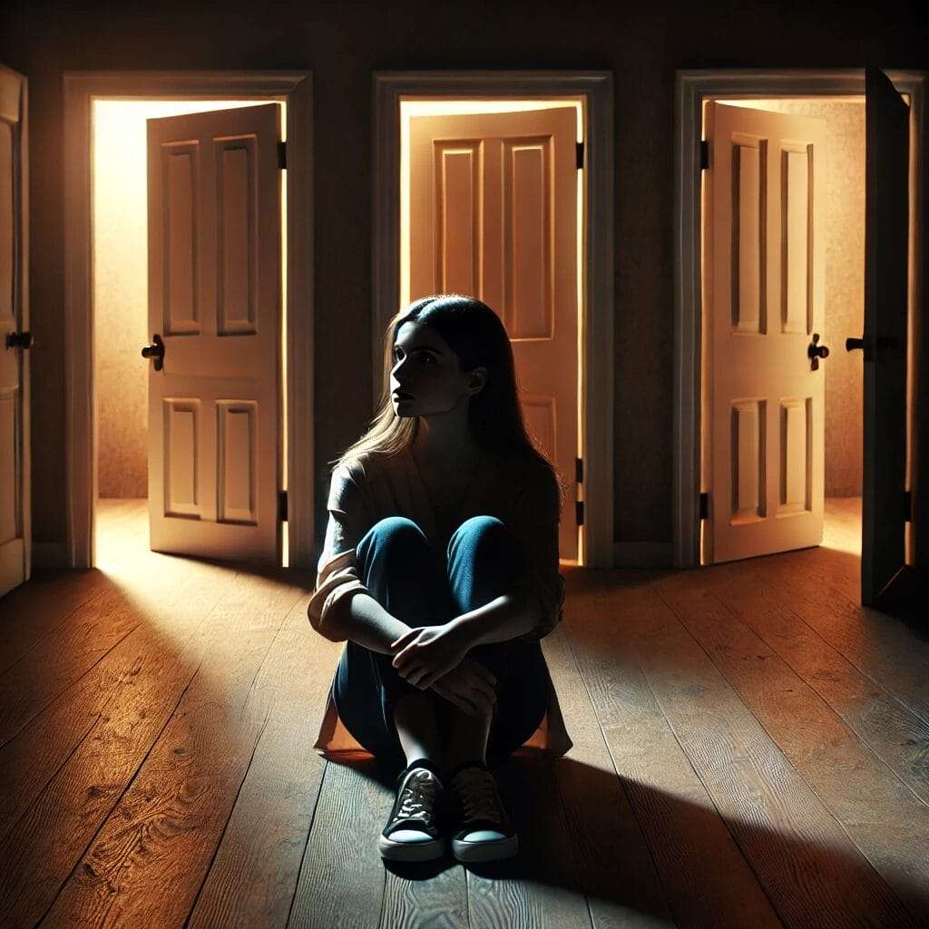 A-woman-sitting-alone-in-a-dimly-lit-room-surrounded-by-open-doors-leading-to-opportunities.-She-looks-hesitant-holding-her-hands-close-to-her-chest