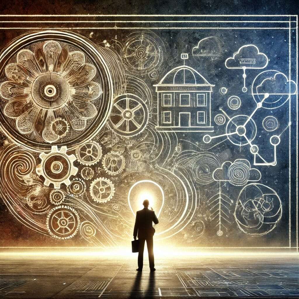 An abstract image of a person standing in front of a giant, glowing blueprint that represents the subconscious patterns controlling their life. Their life script