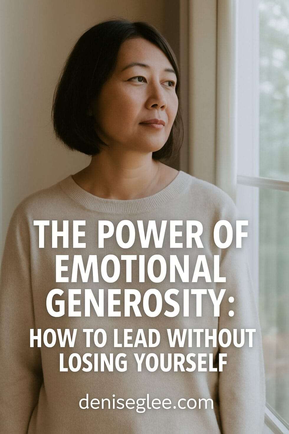 Asian woman smiling gently while working in a cozy setting, paired with text overlay reading “Emotional Generosity: How to Give Freely Without Burning Out” and deniseglee.com at the bottom