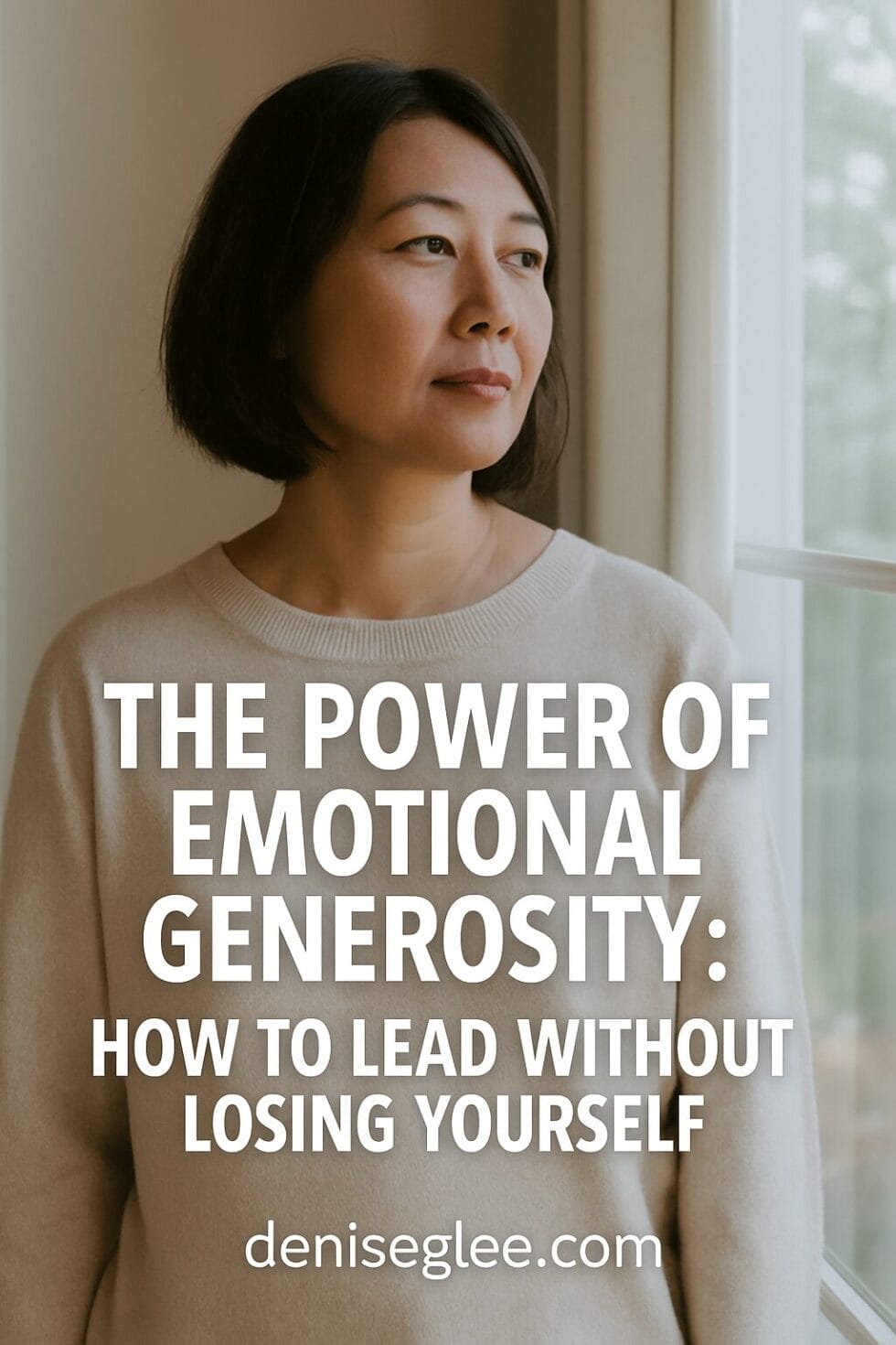 Asian woman smiling gently while working in a cozy setting, paired with text overlay reading “Emotional Generosity: How to Give Freely Without Burning Out” and deniseglee.com at the bottom