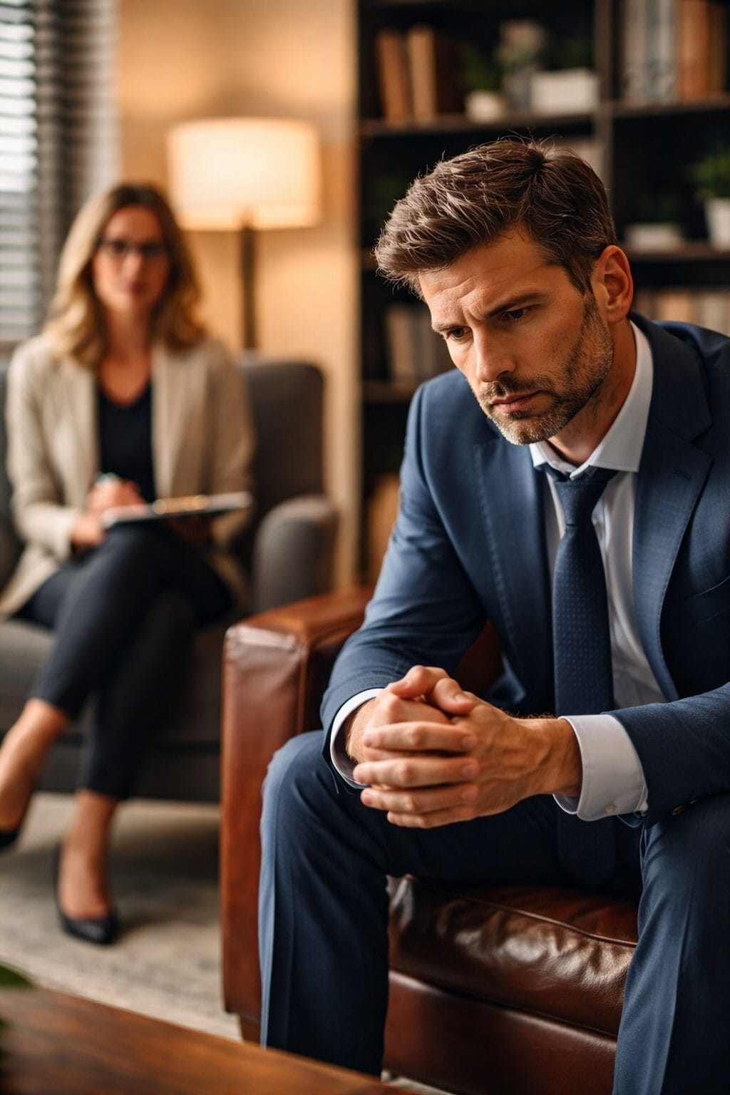 high achieving leader sitting disconnected in therapy session