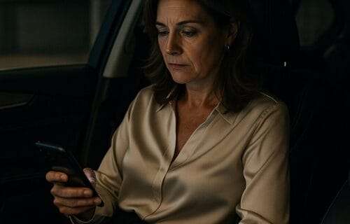 A middle-aged woman in business attire sits alone in a luxury car, staring at her phone with a vacant expression, dim parking garage in the background.