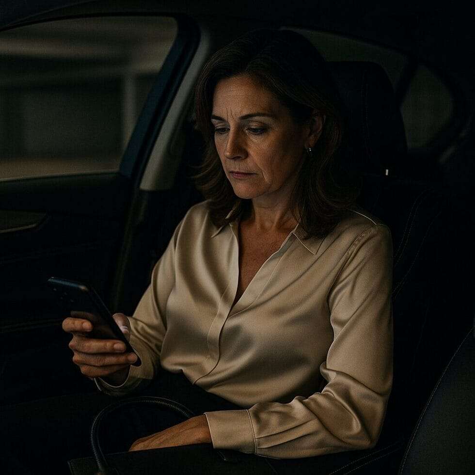 A middle-aged woman in business attire sits alone in a luxury car, staring at her phone with a vacant expression, dim parking garage in the background.