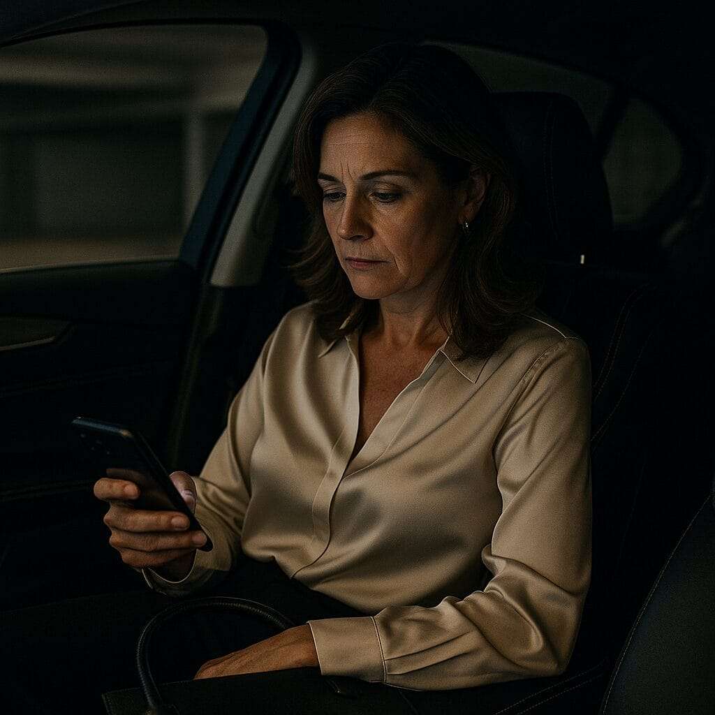 A middle-aged woman in business attire sits alone in a luxury car, staring at her phone with a vacant expression, dim parking garage in the background.