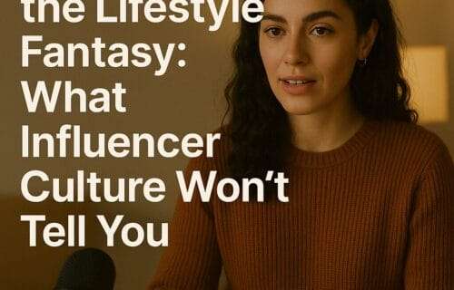 A woman in a rust sweater speaks into a microphone with a laptop in front of her, symbolizing the reality behind influencer culture. White bold text reads: “Exposing the Lifestyle Fantasy: What Influencer Culture Won’t Tell You.” Website deniseglee.com is shown at the bottom.