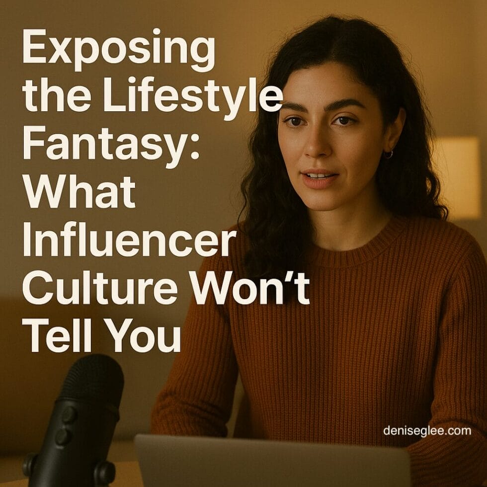 A woman in a rust sweater speaks into a microphone with a laptop in front of her, symbolizing the reality behind influencer culture. White bold text reads: “Exposing the Lifestyle Fantasy: What Influencer Culture Won’t Tell You.” Website deniseglee.com is shown at the bottom.