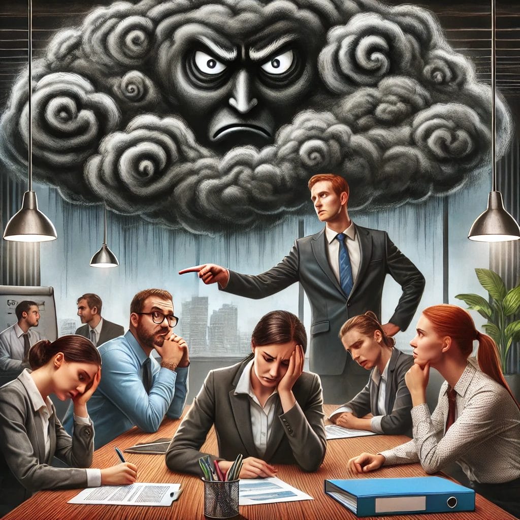 image visually representing a toxic work relationship, with a stormy cloud hovering over a tense office environment