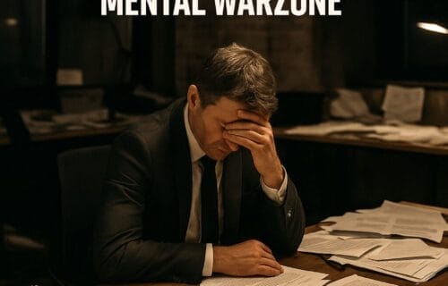 Stressed entrepreneur in a dimly lit office surrounded by scattered papers and spilled coffee, conveying financial pressure with the title “The Pressure Cooker: When Leading a Business Means Surviving a Mental Warzone” and deniseglee.com at the bottom.