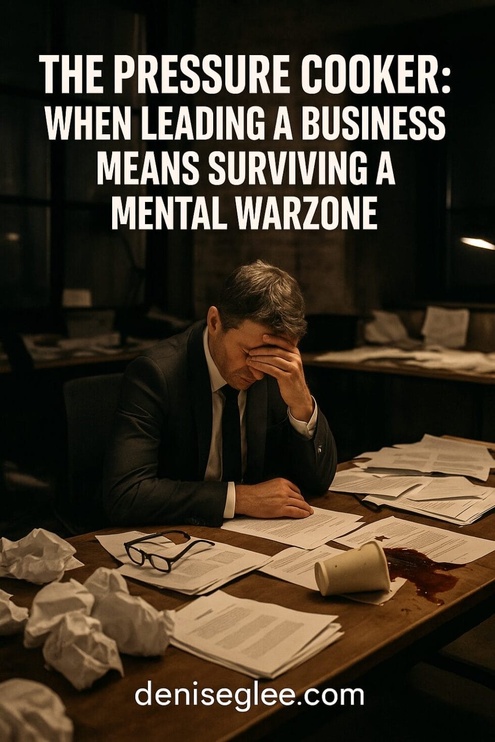 Stressed entrepreneur in a dimly lit office surrounded by scattered papers and spilled coffee, conveying financial pressure with the title “The Pressure Cooker: When Leading a Business Means Surviving a Mental Warzone” and deniseglee.com at the bottom.