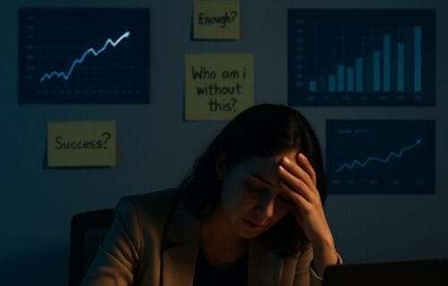 Woman at desk surrounded by performance data, looking emotionally drained