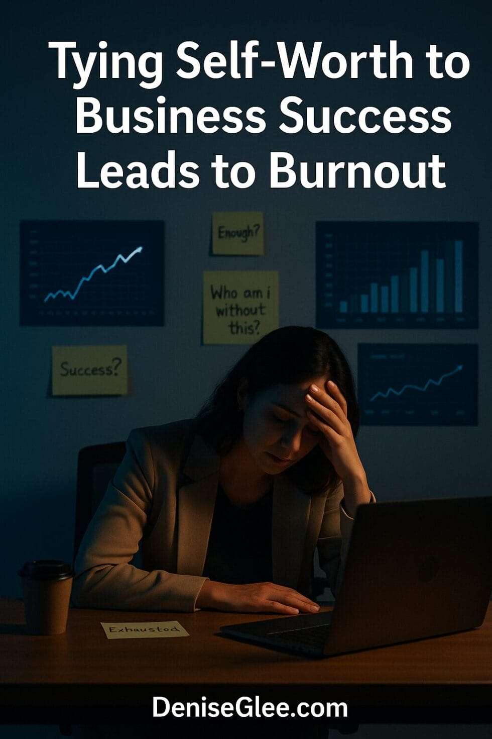 Woman at desk surrounded by performance data, looking emotionally drained