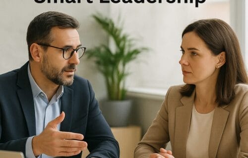 Two professionals in conversation at a table, illustrating the concept of polite rejection and smart leadership with text overlay and deniseglee.com branding.