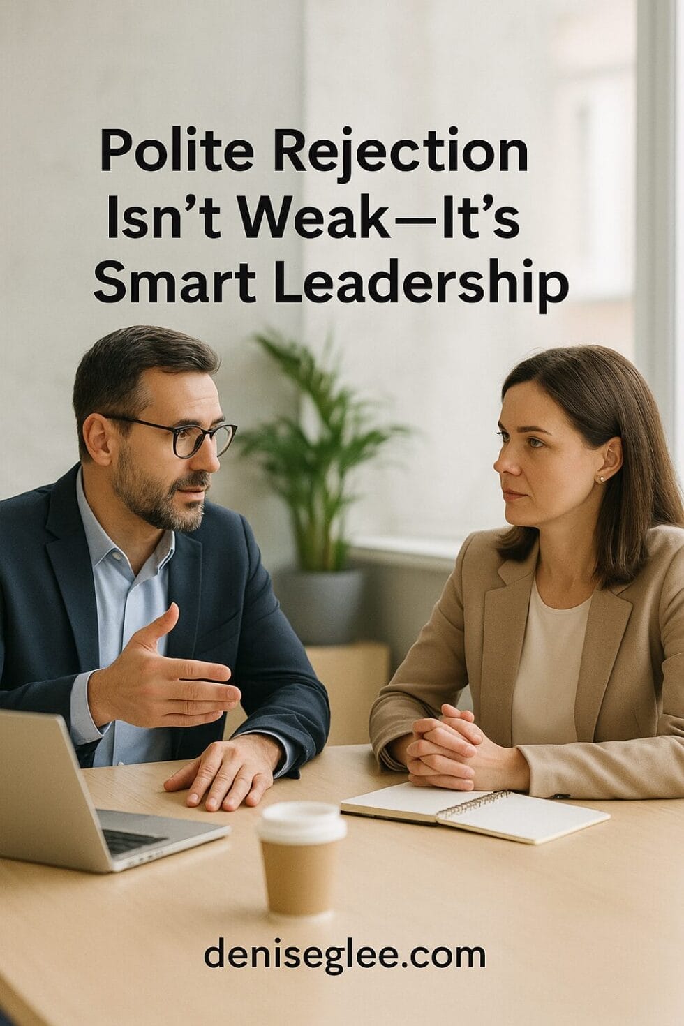 Two professionals in conversation at a table, illustrating the concept of polite rejection and smart leadership with text overlay and deniseglee.com branding.
