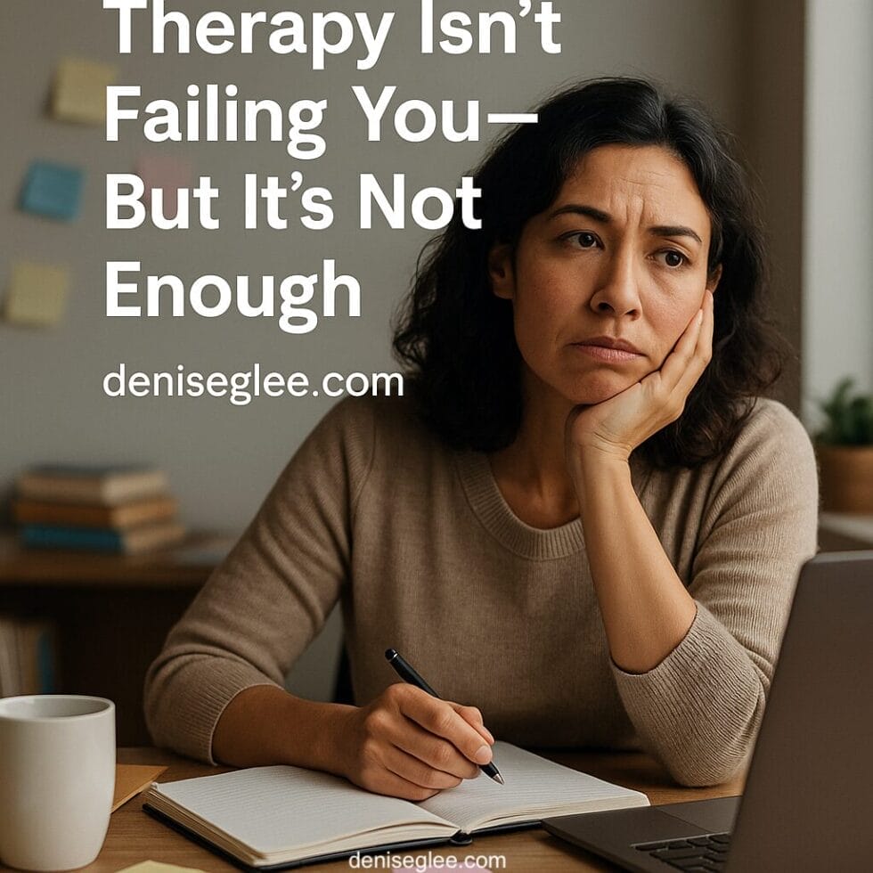 racially ambiguous woman journaling at desk, reflecting on therapy and growth