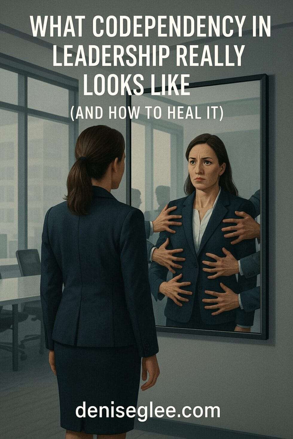 A woman in a business suit stands in front of a mirror in a boardroom. Her reflection shows multiple hands gripping her suit, symbolizing emotional entanglement and codependency in leadership.