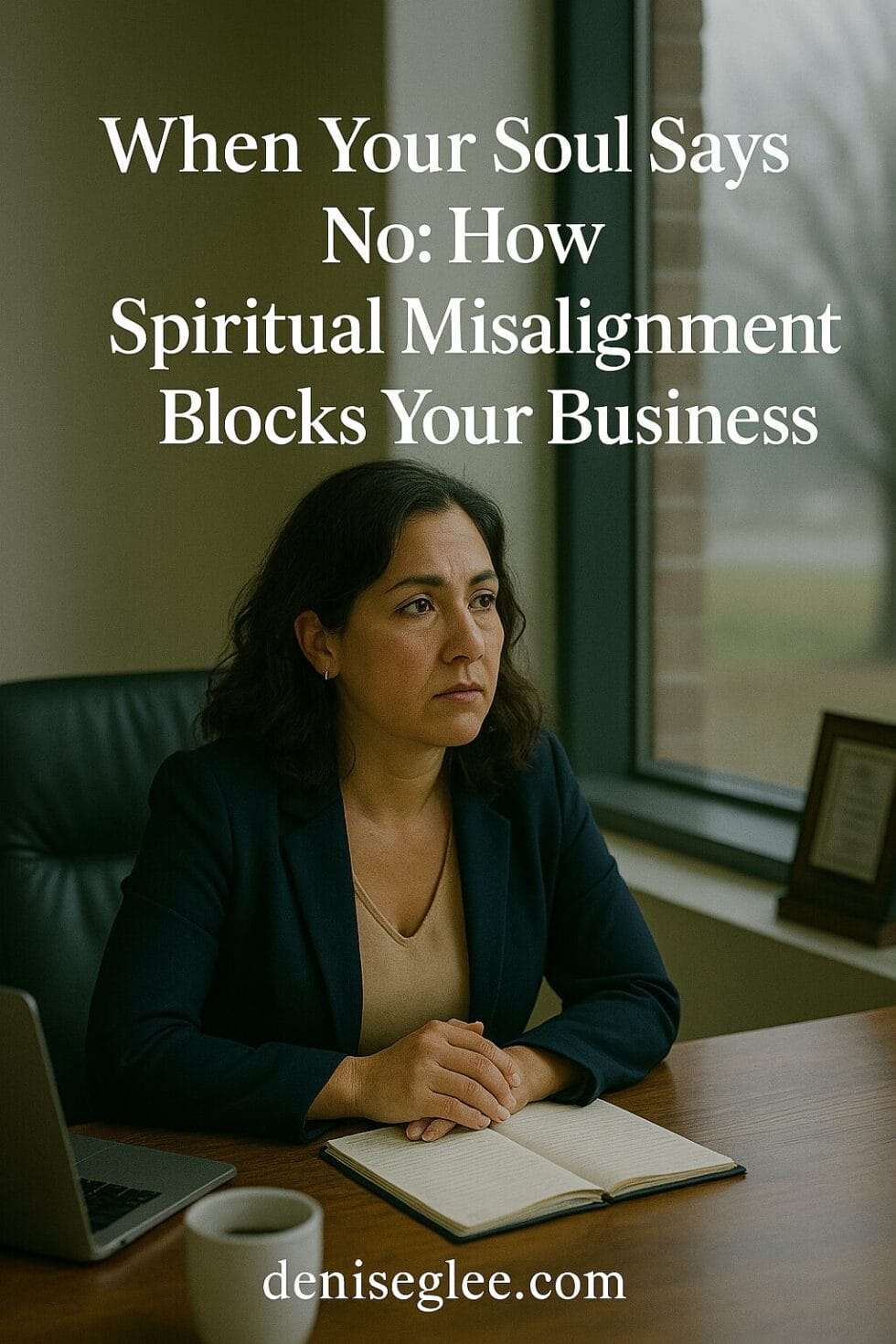 Latina businesswoman in her 40s sitting at office desk, looking contemplative — symbolizing spiritual misalignment in leadership