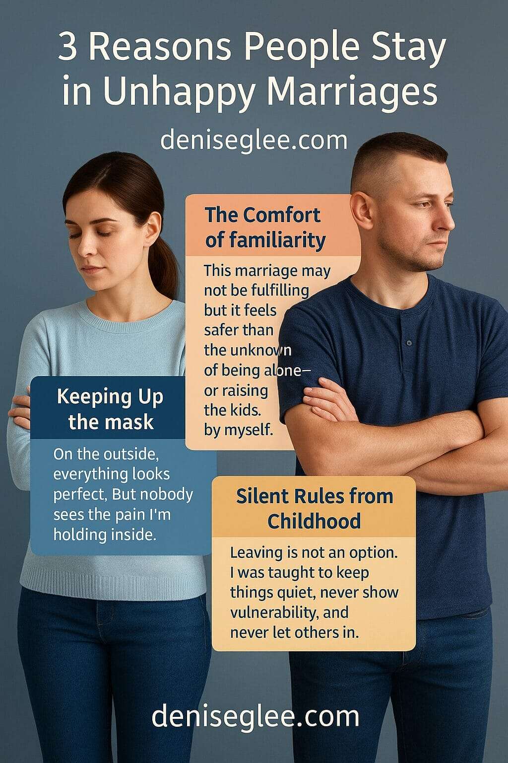 Infographic by Denise G. Lee highlighting the three reasons people stay in unhappy marriages: comfort in the familiar, keeping up appearances, and silent rules from childhood. Each reason paired with a thought-provoking quote.
