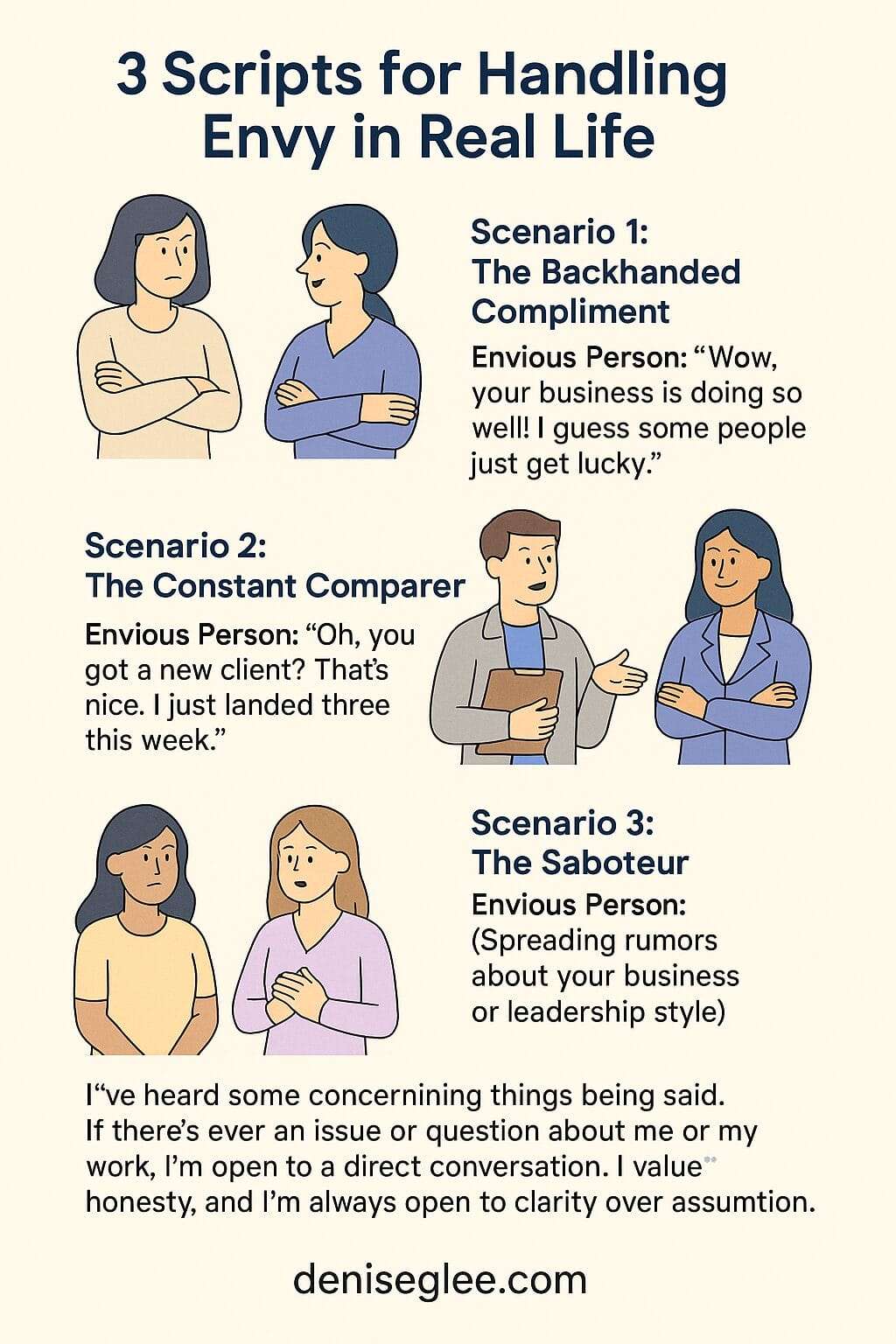 Illustrated infographic showing three real-life scenarios of envy—backhanded compliments, constant comparison, and sabotage—along with emotionally grounded response scripts and deniseglee.com at the bottom.