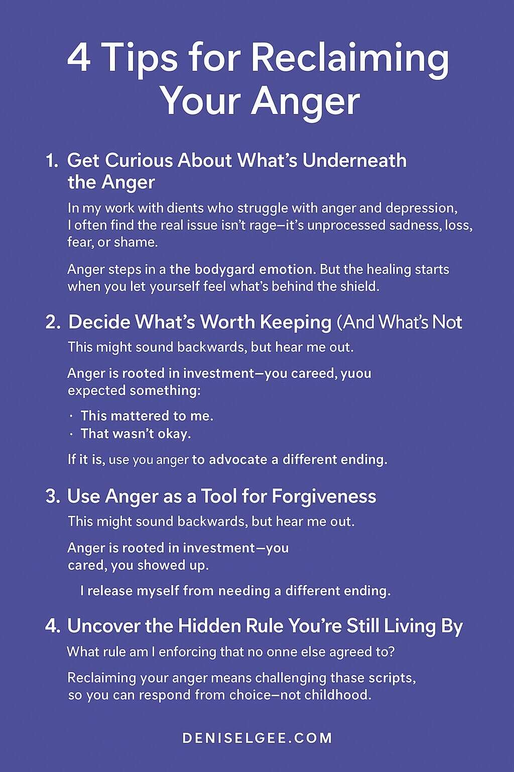 Infographic with four tips for reclaiming anger, featuring emotional insight and practical guidance, on a purple background with deniseglee.com at the bottom