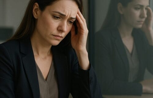 Woman sitting in a sleek, modern office or home—perfectly put-together outside, but their reflection in a glass wall or mirror shows exhaustion or quiet ache.