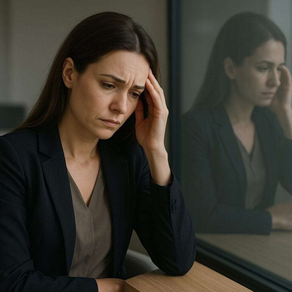 Woman sitting in a sleek, modern office or home—perfectly put-together outside, but their reflection in a glass wall or mirror shows exhaustion or quiet ache.