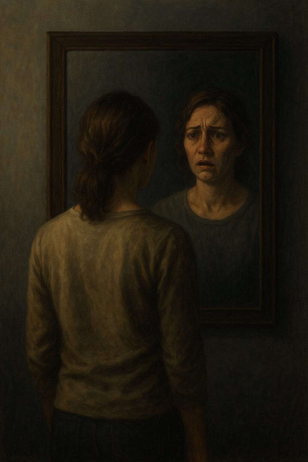 A person standing in front of a mirror, but their reflection shows two version