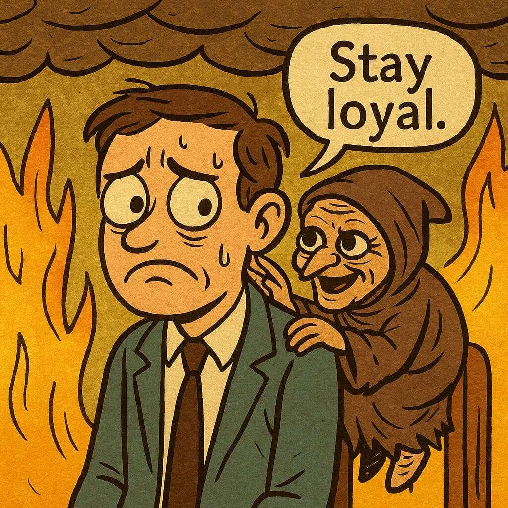 man in flames looking uncomfortable while a woman saying stay loyal deniseglee.com