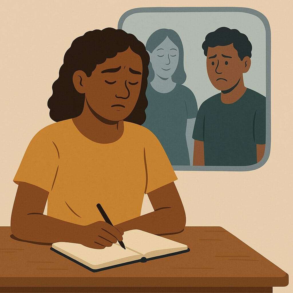 How to Rebuild Trust With Yourself woman journaling with image of two people in the back