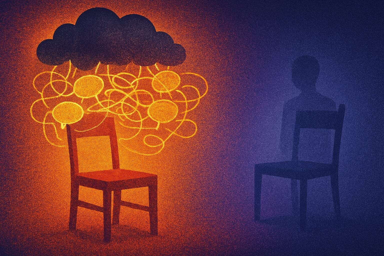 Two chairs: one surrounded by chaos, the other fading into the background with a barely visible figure