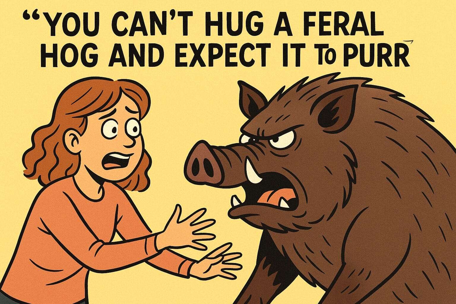 Cartoon of a woman nervously trying to hug a wild hog, with bold text: You can’t hug a feral hog and expect it to purr.
