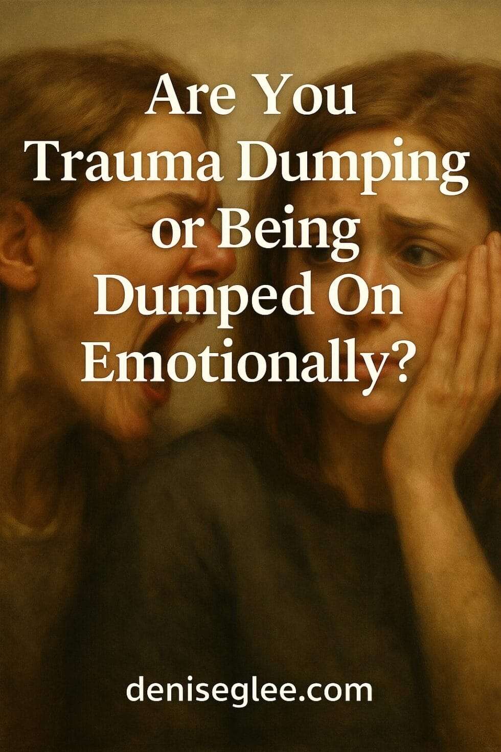 A dramatic oil painting-style visual of one woman shouting emotionally and another appearing overwhelmed, overlaid with the question “Are You Trauma Dumping or Being Dumped On Emotionally?” and the website deniseglee.com at the bottom