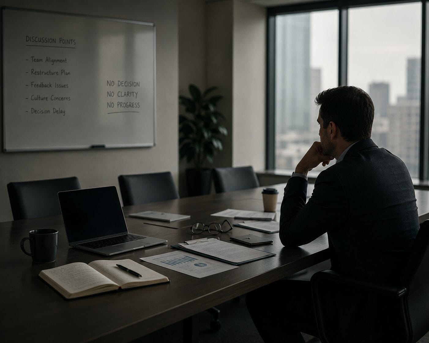 Executive sitting alone in conference room after unresolved business discussion