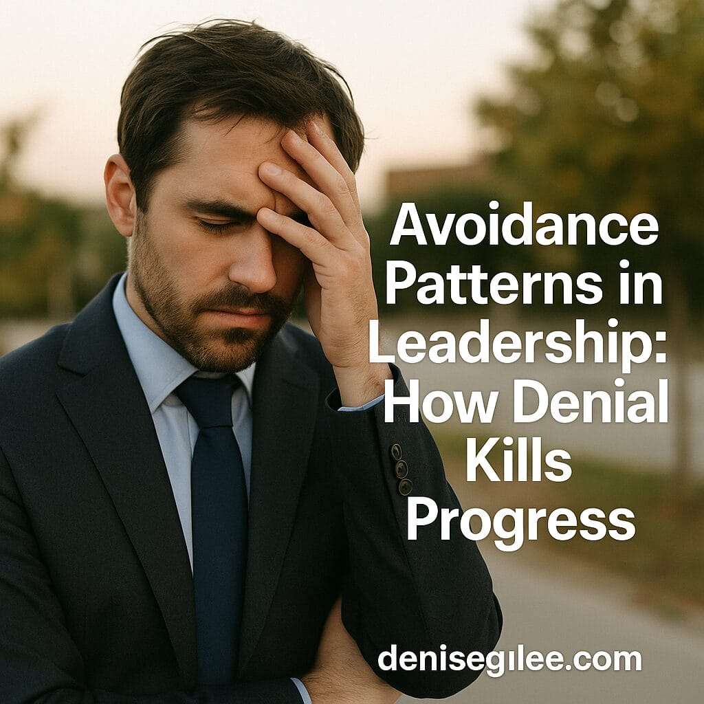 A stressed man in a navy suit stands outdoors with his hand pressed to his forehead, symbolizing frustration and avoidance. The text reads: "Avoidance Patterns in Leadership: How Denial Kills Progress." The background is softly blurred, with deniseglee.com at the bottom.