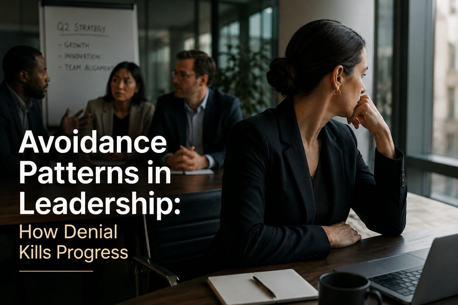 Corporate leader emotionally withdrawn during a tense workplace meeting