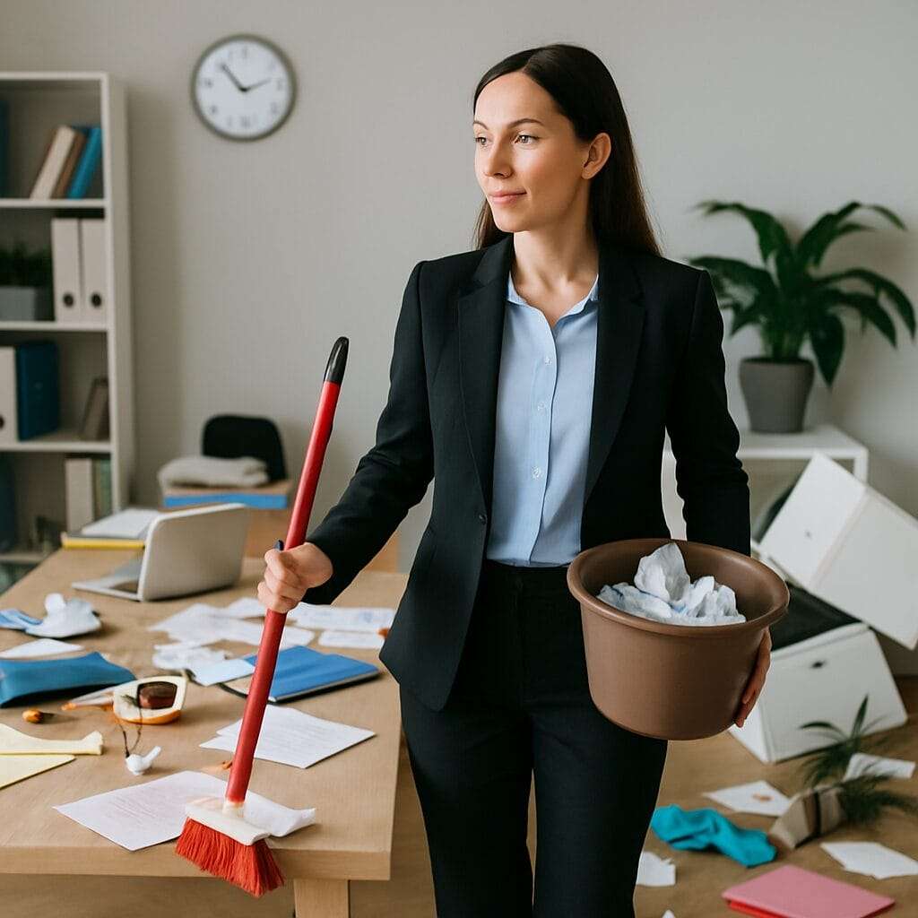 A calm businesswoman in a cluttered office space, confidently cleaning up disarray. She appears focused, grounded, and emotionally steady—symbolizing leadership after trauma. The image includes deniseglee.com at the bottom.