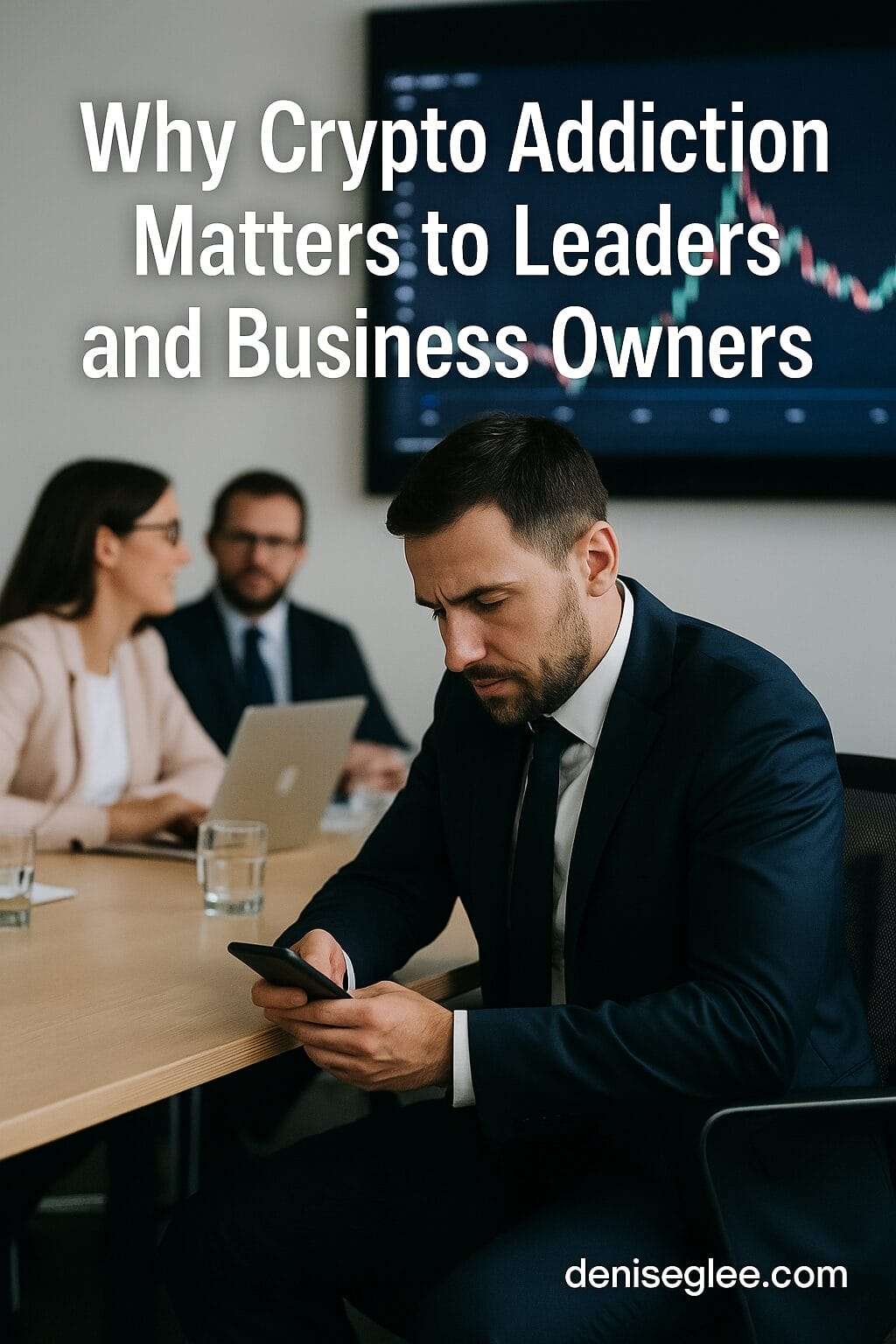 A business executive in a suit checks his phone during a meeting, looking stressed while a crypto chart glows on a screen behind him.