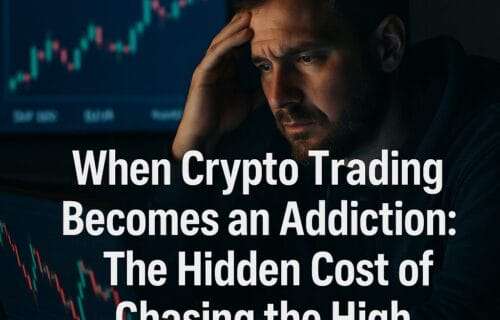 A stressed man trading cryptocurrency at 2:00 AM with a news ticker and stock charts glowing in the background.