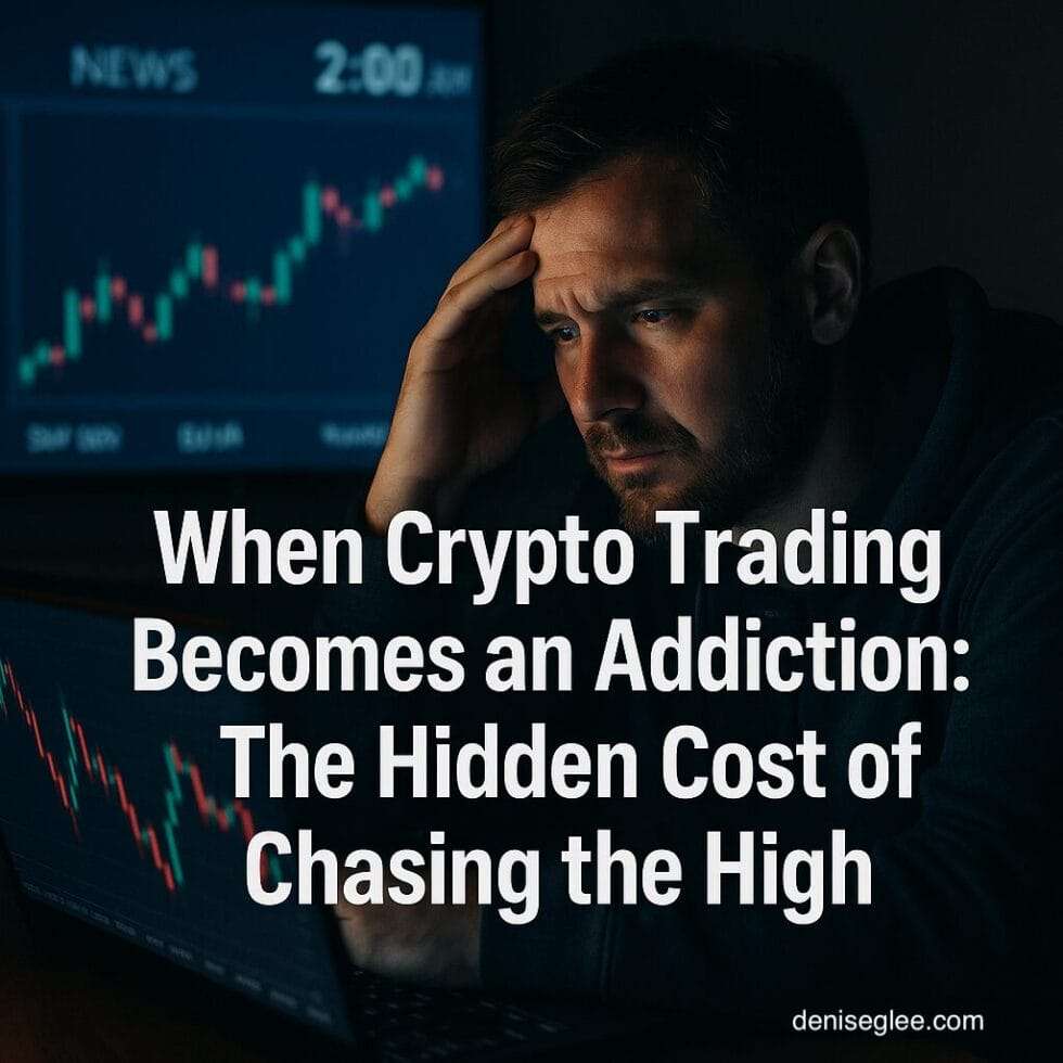 A stressed man trading cryptocurrency at 2:00 AM with a news ticker and stock charts glowing in the background.