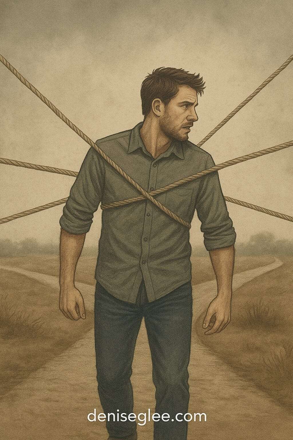 A man standing at a crossroads with multiple tangled ropes pulling him in different directions. deniseglee.com