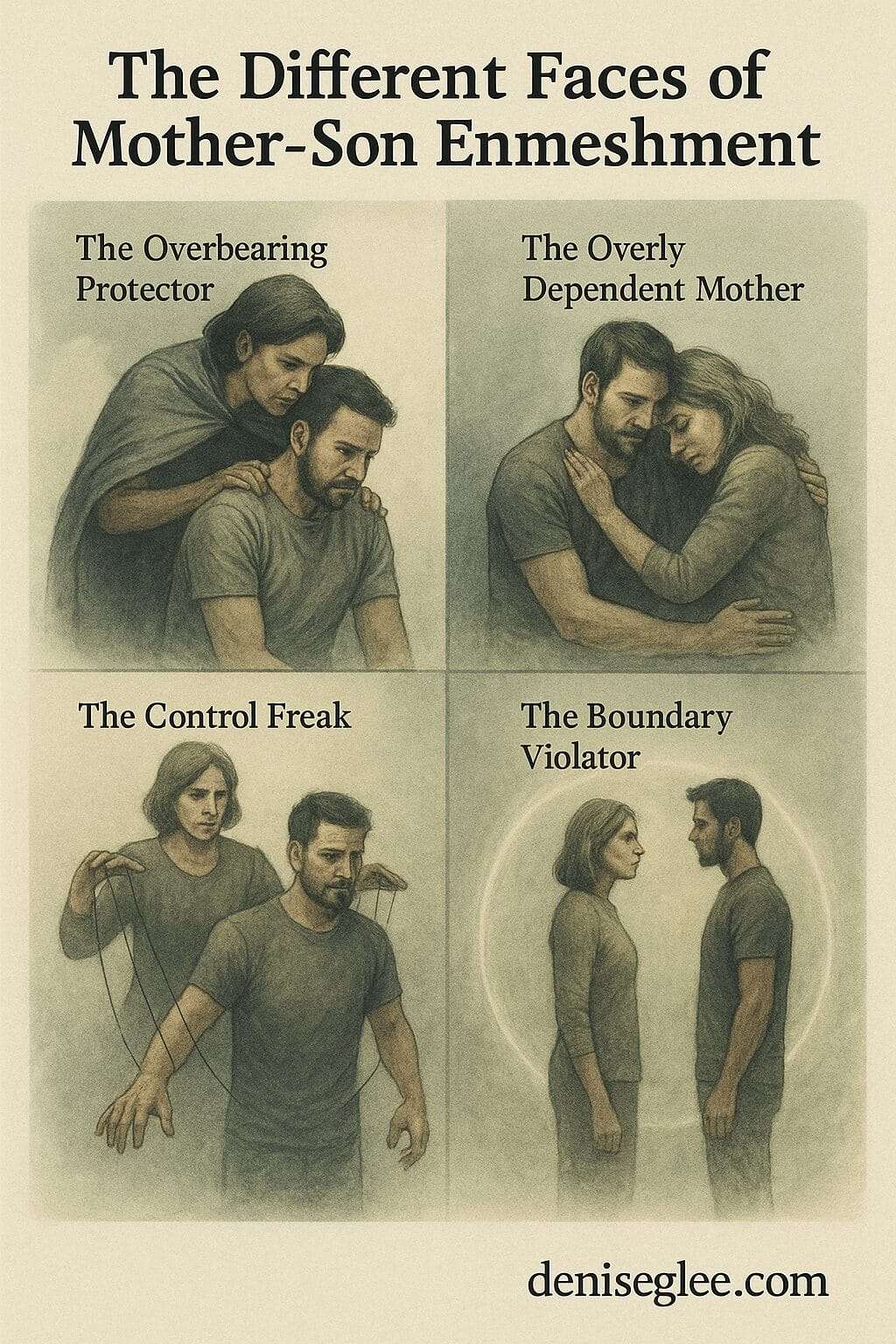 Illustration showing four types of mother-son enmeshment: an overbearing protector, an overly dependent mother, a control freak, and a boundary violator, with each dynamic depicted emotionally and realistically.