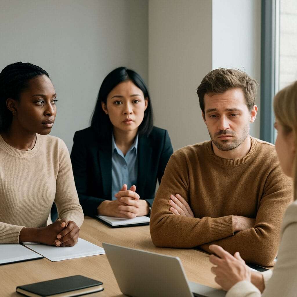 A diverse group of professionals gathered in a team meeting, with one man looking emotionally checked out while others remain engaged—illustrating the subtle impact of emotional control in leadership.